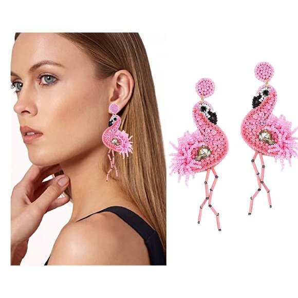 Light Pink Crystal Accent Seed Beaded Flamingo Tropical Bird Earrings - Picture 1 of 5